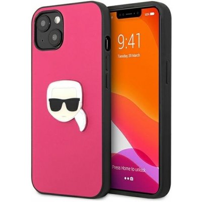 Pouzdro Karl Lagerfeld iPhone 13 Leather Ikonik Karl`s Head Metal růžové