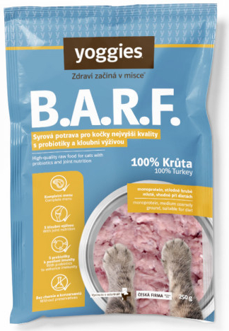 Yoggies BARF pro kočky 100% Krůtí komplet s pivovar. kvasnicemi a konopným olejem s probiotiky a kloubní výživou 250 g