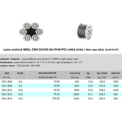 Lano ocelové 6x19S-FC, holé, 10mm, cívka 1000m – Hledejceny.cz