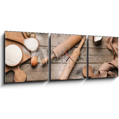 Obraz s hodinami 3D třídílný - 150 x 50 cm - Ingredients for cookies and rolling pins on wooden background Ingredience pro sušenky a válečky na dřevěné pozadí – Hledejceny.cz