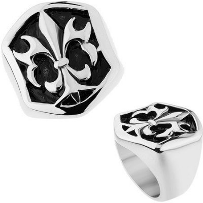 Šperky eshop ocelový prsten stříbrné šestihranná ozdoba s patinou a Fleur de Lis Z41.1 – Zboží Mobilmania