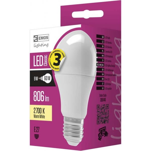 Emos LED žárovka Classic A60 9W E27 Teplá bílá ZQ5140 (1525733201) 1 ks od  34 Kč - Heureka.cz