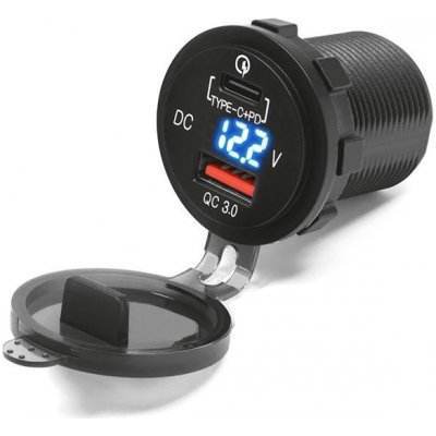 BIKETEC motocyklové dvojitá zásuvka USB QUICK CHARGE USB typ-C s osvětlením a voltmetrem pro montáž na rovné plochy (kapotáž, kufr) nebo řídítka - vyžaduje adaptér BTMUS28 (EL) (K) | Zboží Auto