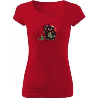 Tričko s potiskem Černá vánoční kočička Maneki Neko dámské Červená – Sleviste.cz