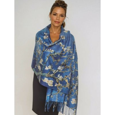Classic Scarf Modrá kašmírová šála s vlnou Vincent van Gogh Mandlový květ Almond – Sleviste.cz