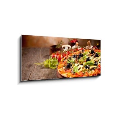 Obraz s hodinami 1D panorama - 120 x 50 cm - Delicious fresh pizza served on wooden table Chutná čerstvá pizza podávaná na dřevěném stole