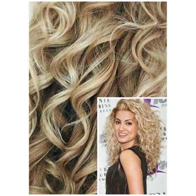 Clip in KUDRNATÉ 50cm REMY lidské vlasy PLATINOVÁ BLOND / SVĚTLE HNĚDÁ