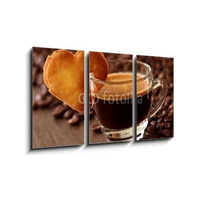 Obraz 3D třídílný - 90 x 50 cm - Espresso coffee with cake on brown background Espresso káva s koláčem na hnědém pozadí – Zboží Mobilmania