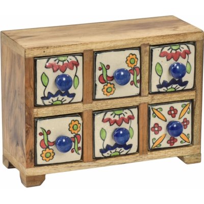 Sanu Babu Dřevěná skříňka s 6 keramickými šuplíky ručně malovaná 22x11x11cm – Zboží Mobilmania
