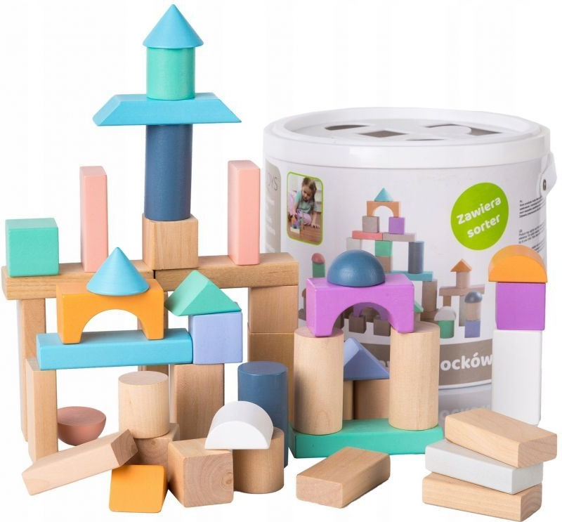 Eco Toys dřevěné kostky v kyblíku 50 ks pastelové barvy