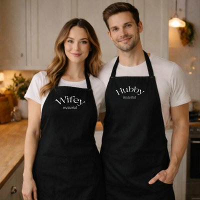Zástěry s potiskem WIFEY a HUBBY MATERIAL, pro pár – Hledejceny.cz