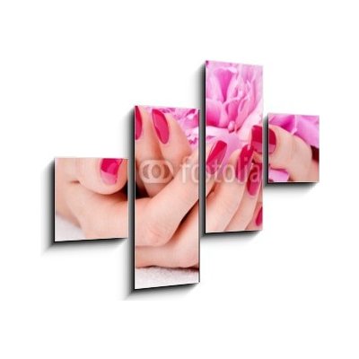 Obraz čtyřdílný 4D - 120 x 90 cm - Woman cupped hands with manicure holding a pink flower Žena s rukama rukou s manikúrou držící růžový květ – Zboží Mobilmania