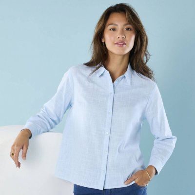 Košile jednobarevná ve lněném vzhledu nebeská modrá – Zboží Dáma