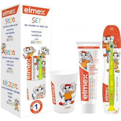 Elmex Kids zubní pasta 50 ml + zubní kartáček + kelímek na zubní kartáček dárková sada – Sleviste.cz