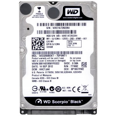 WD Scorpio Black 320GB, 2,5", SATAII, 16MB, 7200rpm, 12ms, WD3200BEKT
