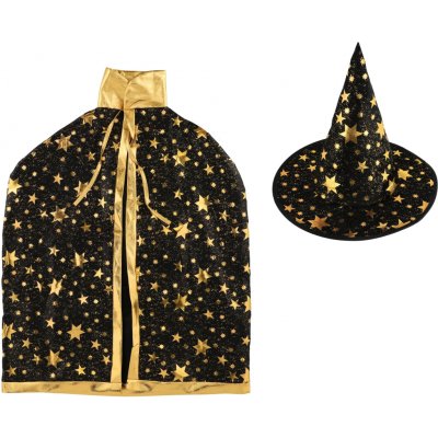 Klobouk čarodějnický + plášť průměr 38cm černo-zlatý v sáčku – Zbozi.Blesk.cz