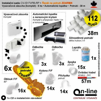 Cenově zvýhodněný instalační balíček potrubních rozvodů centrálního vysávání obsahuje: Zásuvka (6 ks), podlahová štěrbina (1 ks) řezák potrubí, potrubí (38 m), potrubní díly (110 ks), instalační návod