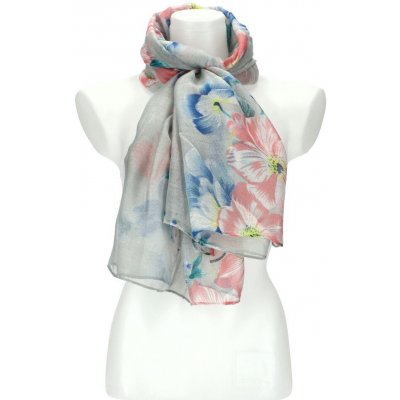 Cashmere letní dámský barevný šátek v motivu květů šedá