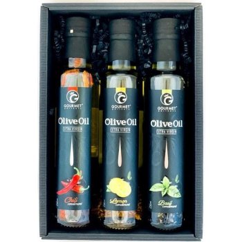 Gourmet Partners Triáda olivových olejů s příchutí bazalka citron chilli 3 x 0,25 l.