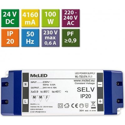 zdroj napájecí pro LED pásky 24V DC 100W (4,16A) IP20 ML-732.074.11.1 plast. se svorkovnicí – Zboží Mobilmania