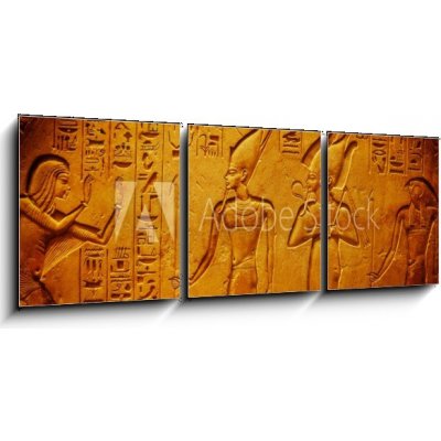 Obraz 3D třídílný - 150 x 50 cm - Ancient Egypt hieroglyphics with pharaoh and ankh Starověké egyptské hieroglyfy s faraonem a ankh – Zboží Mobilmania
