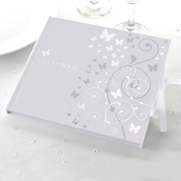 Svatební kniha hostů Svatební kniha hostů - bílá se stříbrnými motýlky