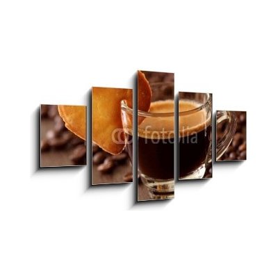 Obraz 5D pětidílný - 125 x 70 cm - Espresso coffee with cake on brown background Espresso káva s koláčem na hnědém pozadí – Zboží Mobilmania