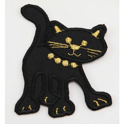 Nažehlovací záplata - černá kočička se zlatými ozdobami, stojící - rozměr 7,5 cm x 7 cm – Zbozi.Blesk.cz