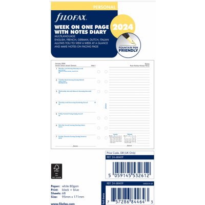 Filofax Týdenní kalendář 2024, týden 1 strana s poznámkami náplň osobních diářů A6 – Zboží Mobilmania
