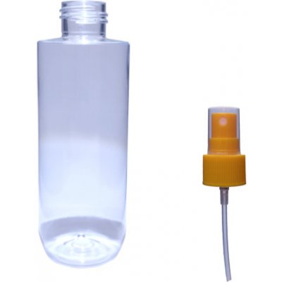 Ambra Plastová lahvička lékovka čirá s oranžovým kosmetickým rozprašovačem 250 ml