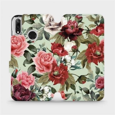 Pouzdro Mobiwear parádní flip Huawei Y7 2019 - MD06P Růže a květy na světle zeleném pozadí – Zboží Mobilmania