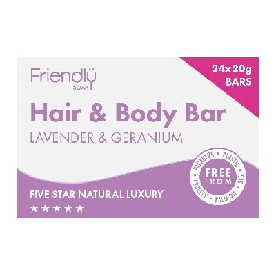 Friendly Soap přírodní mýdlo pro hosty na tělo i vlasy levandule a pelargónie 24 x 20 g