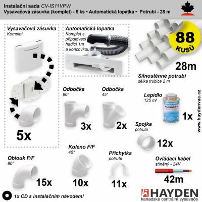 Cenově zvýhodněný instalační balíček potrubních rozvodů centrálního vysávání obsahuje: Vysavačová zásuvka (5 ks), podlahová štěrbina (1 ks), potrubí (28 m), potrubní díly (88 ks), instalační návod. Ur – Zbozi.Blesk.cz