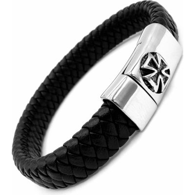 Steel Jewelry náramek maltézský kříž černý kožený s kombinací chirurgické oceli NR231016