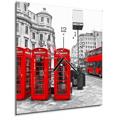 Obraz s hodinami 1D - 50 x 50 cm - Red telephone boxes and double-decker bus, london, UK. Červené telefonní schránky a dvojité