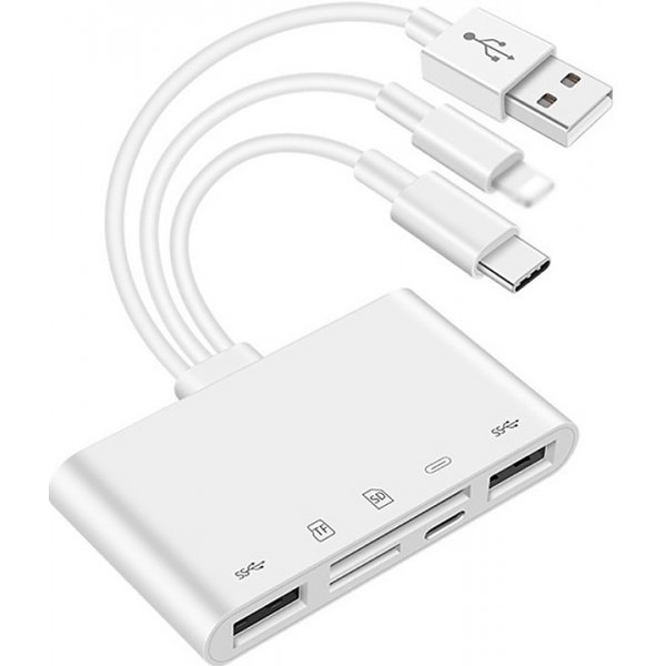 Adaptér a redukce k mobilu AppleMix Přepojka / adaptér Lightning / USB-C / USB-A na 2x USB-A + Lightning + SD / Micro SD