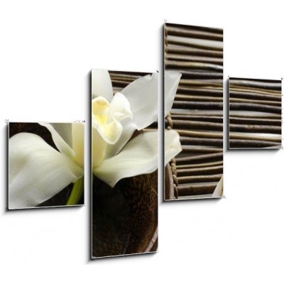 Obraz čtyřdílný 4D - 120 x 90 cm - bowl of orchid, petal on bamboo mat miska orchideje, okvětní lístek na bambusové rohoži – Zboží Mobilmania