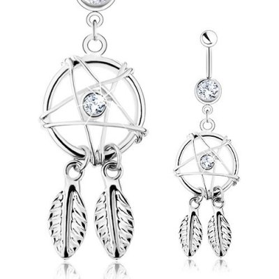 Šperky eshop piercing do pupíku ocel lapač snů pentagram pírka čiré zirkony SP31.13 – Sleviste.cz