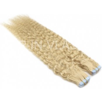 Kudrnaté 60cm tape hair pravé lidské vlasy platina