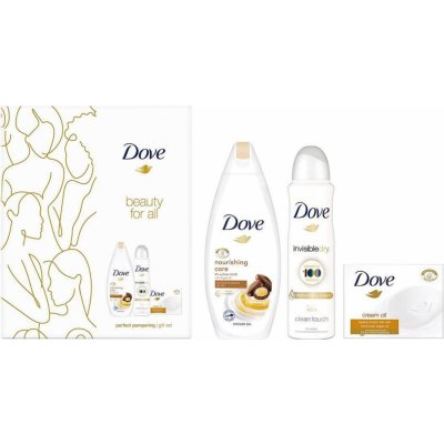 Dove Beauty For All Nourishing Care sprchový gel 250 ml + Invisible Dry antiperspirant deodorant sprej 150 ml + Cream Oil Moroccan Argan Oil toaletní mýdlo 100 g dárková sada – Zbozi.Blesk.cz