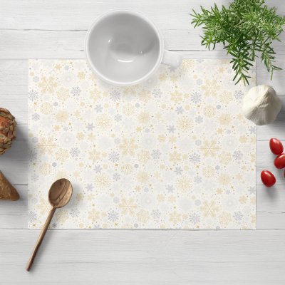 Biante satén prostírání LUP-505 Zlato-stříbrné vločky na bílém 30x40 cm – Sleviste.cz