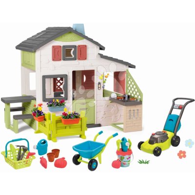 Smoby Set domeček Přátel s předzahrádkou a sekačkou Friends House Life rozšiřitelný se zvukem a kuchyňka s kolečkem s kbelík setem a košík s konvičkou – Zboží Dáma