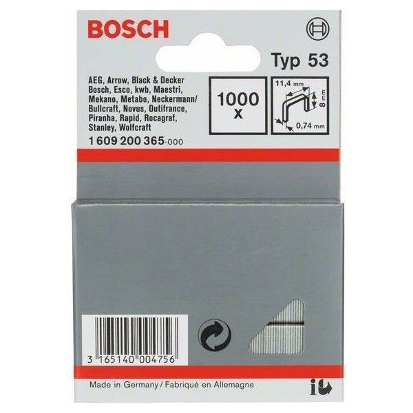 Nýt trhací Sponky do sponkovaček Bosch PTK 3,6 LI, PTK 14 E Duotac, HT 8, HT 14, HMT 53 a HMT 57 - 8x11.4x0.74mm, 1000ks, typ 53 (1609200365)