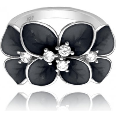 Minet Černý rozkvetlý stříbrný prsten Flowers s bílými zirkony JMAS5034BR51
