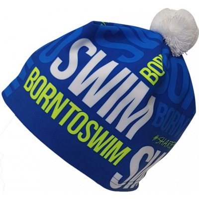 BornToSwim Zimní čepice modrá se žlutým logem a s bílou bambulí – Hledejceny.cz