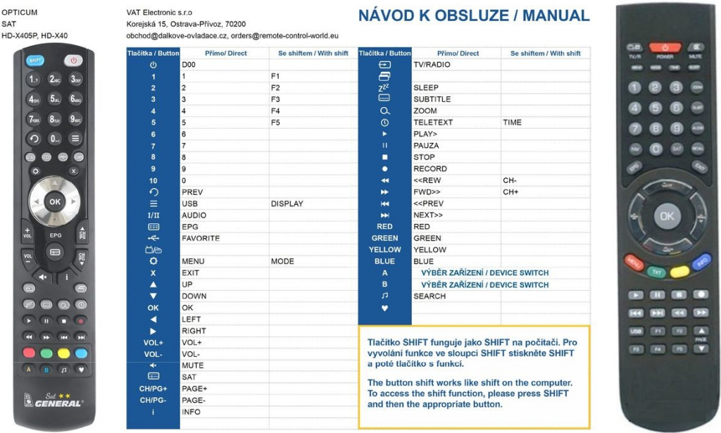Dálkový ovladač General Opticum HD-X405P, HD-X406P