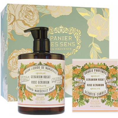 Panier Des Sens Rose Geranium tekuté mýdlo 500 ml + vonná svíčka 180 g dárková sada