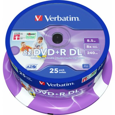 Verbatim DVD+R DL 8,5GB 8x, printable, spindle, 25ks (43667) – Zboží Živě