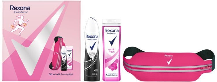 Rexona Invisible Orchid Fresh sprchový gel 250 ml + Invisible on black & white clothes antiperspirant ve spreji 150 ml + běžecký opasek dárková sada