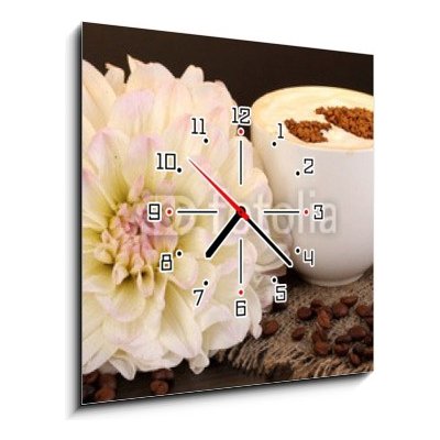 Obraz s hodinami 1D - 50 x 50 cm - Latte on wooden table on brown background Latte na dřevěném stole na hnědém pozadí – Zboží Mobilmania